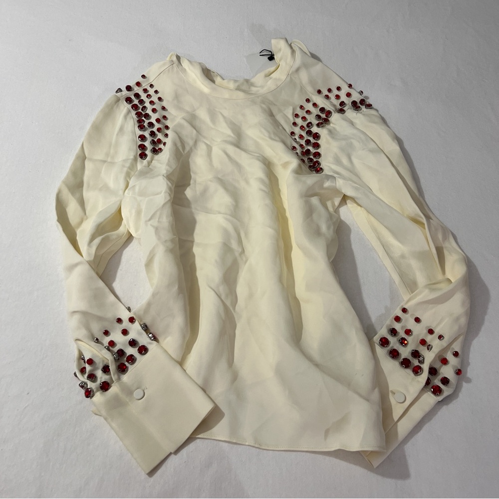 Zara Ivory Blouse with Red Gem Embellishments